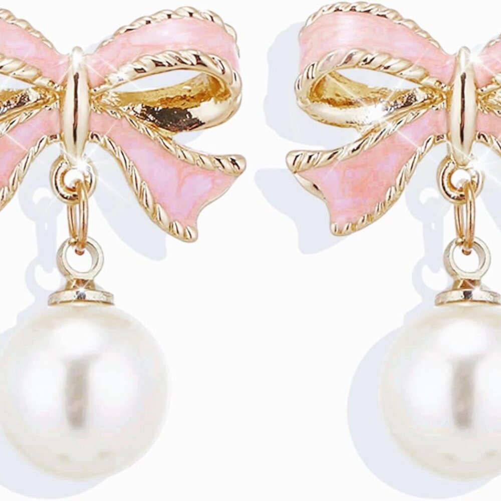 Gold Pearl Bow Earrings For Women Trendy Pink Coquette Drop Stud Ribbon Silver E